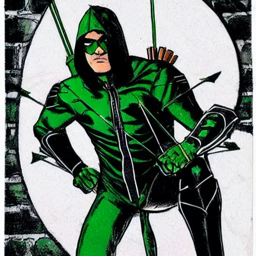 Prompt: The Green Arrow action pose, drawing an arrow from his quiver, comic book cover style