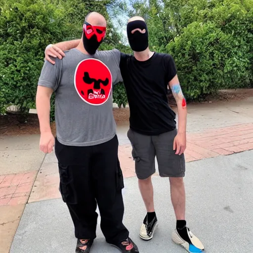 Image similar to ethan van sciver hanging out with a short stocky guy who wears a red ski mask over his face with black ski goggles, cargo shorts and a plain black t - shirt that says cash grab