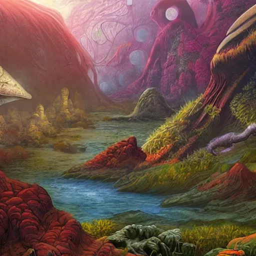 Image similar to digital painting of a lush natural scene on an alien planet by gerald brom. digital render. detailed. beautiful landscape. colourful weird vegetation. cliffs and water.