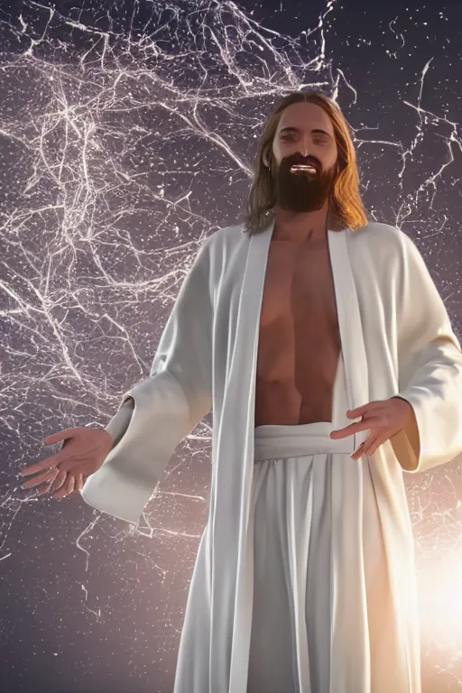 Image similar to jesus christ wearing a white robe strikes a dance pose as the world ends around him, intricate, hyper detailed, accent lighting, dramatic light, 4 k octane render