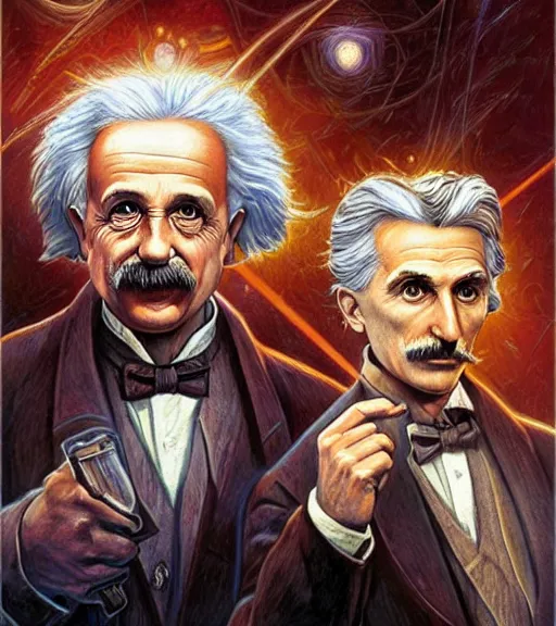 Prompt: a super detailed illustration portrait of albert einstein and nikola tesla, d & d rpg portrait, hires headshot, 4 k, symmetrical, centered, art by tim hildebrandt and frank frazetta and gerald brom and greg rutkowski