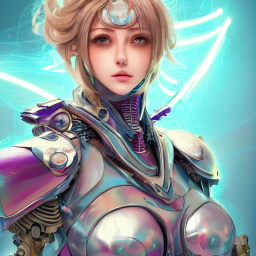 Image similar to studio portrait of lawful good colorful female holy mecha paladin absurdly beautiful, elegant, young sensual graceful woman, ultrafine hyperrealistic detailed face illustration by kim jung gi, irakli nadar, intricate linework, sharp focus, bright colors, matte, octopath traveler, final fantasy, unreal engine highly rendered, global illumination, radiant light, intricate environment