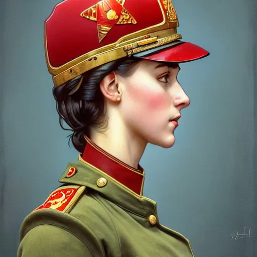 Image similar to a portrait of a female soviet officer, upper half portrait, decorated with soviet motifs, russian soviet motifs, soviet, traditional russia, intricate, elegant, highly detailed, symmetry, headpiece, digital painting, artstation concept art smooth sharp focus, illustration, art by artgerm and greg rutkowski alphonse mucha 8 k