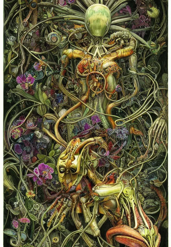 Prompt: simplicity, simple, elegant, colorful muscular robot, botany, orchids, radiating, mandala, psychedelic, garden environment, dappled sun, wolf skulls, by h. r. giger and esao andrews and maria sibylla merian eugene delacroix, gustave dore, thomas moran, pop art, biomechanical xenomorph, art nouveau, whimsical