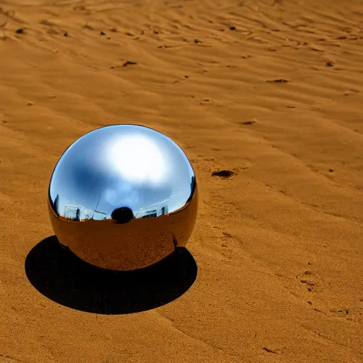Prompt: reflective metal ball floating in the desert