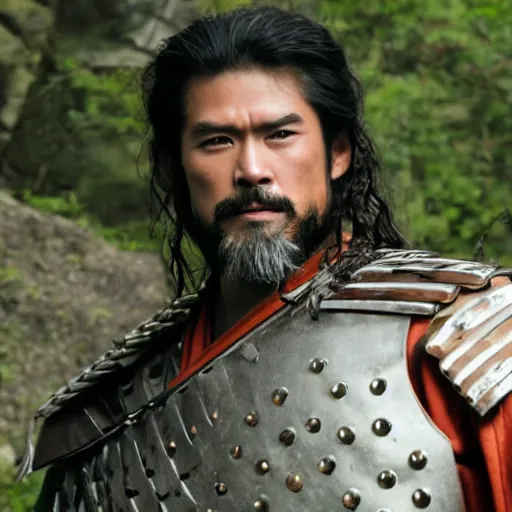 Prompt: film still of middle aged samurai with wavy hair, wearing leather armor, very muscular, very pale skin, very hairy, shirtless, very tall, strong, powerful, majestic, imposing, full body picture, 4 k