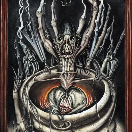 Prompt: monsters consumed transformed transmutation in a fiery alchemical cauldron painted by giger