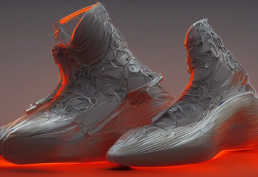 Prompt: futuristic sneaker with neon illuminated rubber soles and soft orange laces on a grey surface, clean 3 d render, beautiful studio lighting, soft, sharp focus, cyberpunk, intricate detail, gold and red filigree, soft rubber, octane render, trending on artstation, deviantart, art by iris van herpen and syd mead and mucha