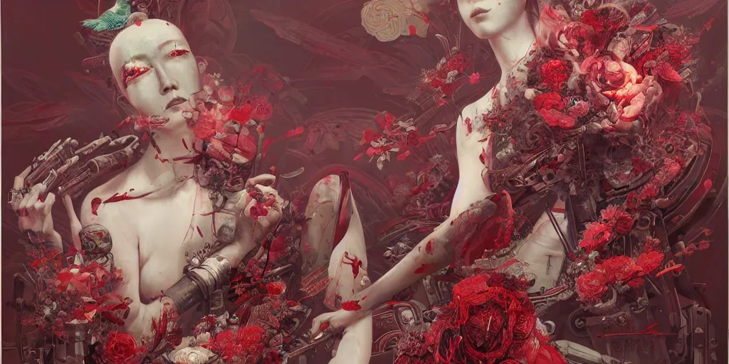 Image similar to breathtaking detailed red gardian mao dictature cyberpunk death heall concept art painting art deco pattern of birds goddesses amalmation flowers, by hsiao ron cheng, tetsuya ichida, bizarre compositions, exquisite detail, extremely moody lighting, 8 k, art nouveau, old chines painting