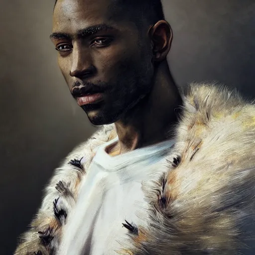 Image similar to portrait painting of a beautiful black man with cut scars and cropped hair wearing a tattered fur coat, ultra realistic, concept art, intricate details, eerie, highly detailed, photorealistic, octane render, 8 k, unreal engine. art by artgerm and greg rutkowski and charlie bowater and magali villeneuve and alphonse mucha