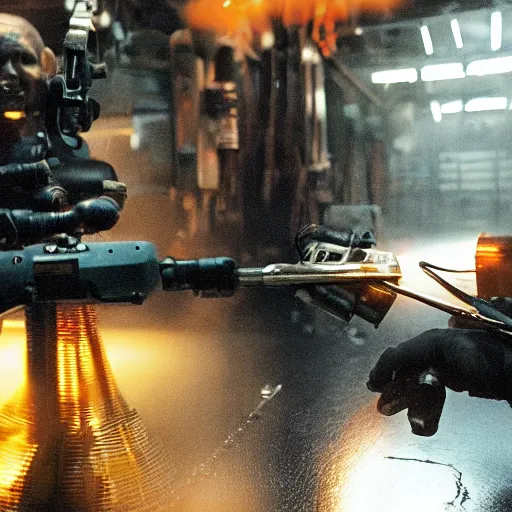 Image similar to gun made from old egg beater, balding older cyborg repairing, red hot soldering iron, dark messy smoke - filled cluttered workshop, dark, dramatic lighting, orange tint, cinematic, highly detailed, sci - fi, futuristic, movie still from blade runner