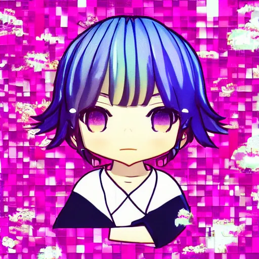 Image similar to vaporwave character face portrait of a singular kawaii chibi in the sytle of vaporwave, in simple background, nendoroid eyes, anime waifu, ukiyoe