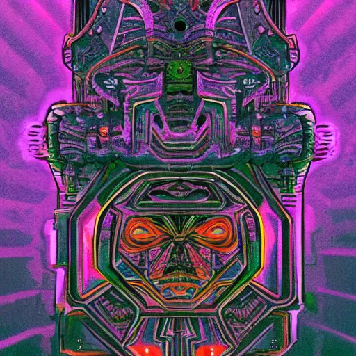 Prompt: simple totem to the machine god, symmetrical, small details, coherent, hyper detailed, complex, layered very far shot, ominous lighting, colorful