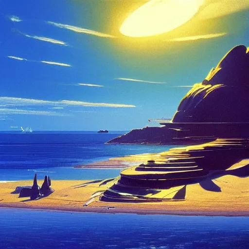 Image similar to golden shores of a blue dreamy ocean, sci - fi, daylight, blue sky, cinematic lighting, cinematic perspective, syd mead, john harris