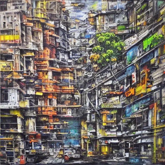 Image similar to streets of mumbai, future, mossy buildings, high fidelity, uncompressed, photorealistic oil painting, straight lines