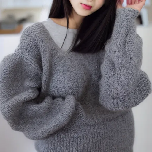 Image similar to hatsune mikue in a grey sweater