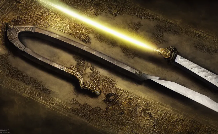 Image similar to legendary sword of cybernetic technology lying flat on a glowing table, digital award winning hd matte painting, intimate dark moody, intricate, long sharp black and iridescent blade, ornate spikes, colorful hilt, detailed realistic, raytraced blade, colored gems, golden pommel, in the style of greg rutkowski and krenz cushart, deviantart