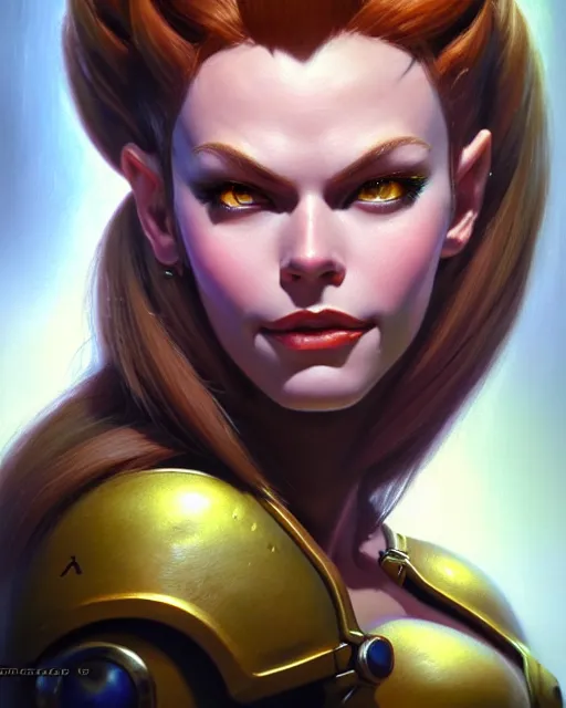 Image similar to brigitte from overwatch, fantasy, fantasy art, character portrait, portrait, close up, highly detailed, intricate detail, amazing detail, sharp focus, vintage fantasy art, vintage sci - fi art, radiant light, caustics, by boris vallejo