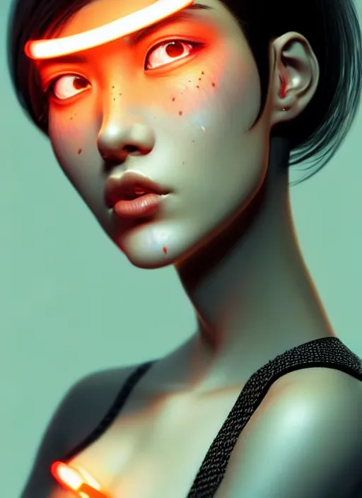 Image similar to photorealistic oriental female humanoid with freckle face, cyber neon lightings, futurism, cyberpunk high fashion, elegant side profile pose, intricate details, crispy quality, digital photography, trending in artstation, trending in pinterest, no watermark signature, cinematic, 4 k ultra hd, art by artgerm, art by greg rutkowski, art by pascal blanche