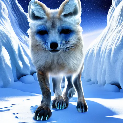 Image similar to alien ice fox walking through mountains, amazing landscape, 8k, digital art