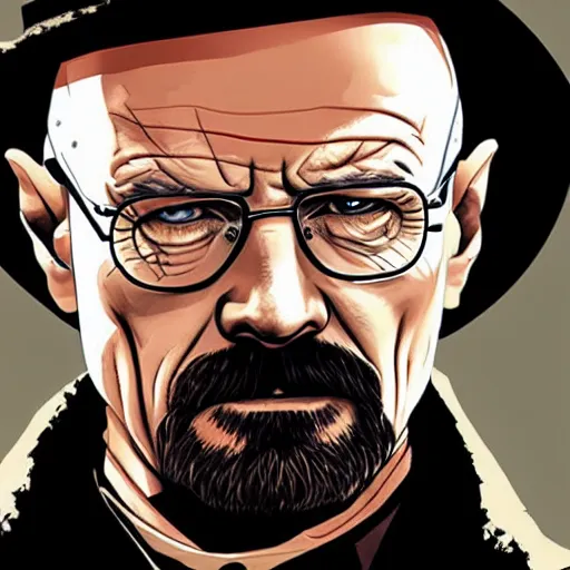 Prompt: Walter White in the style of the Red Dead Redemption 2 cover art