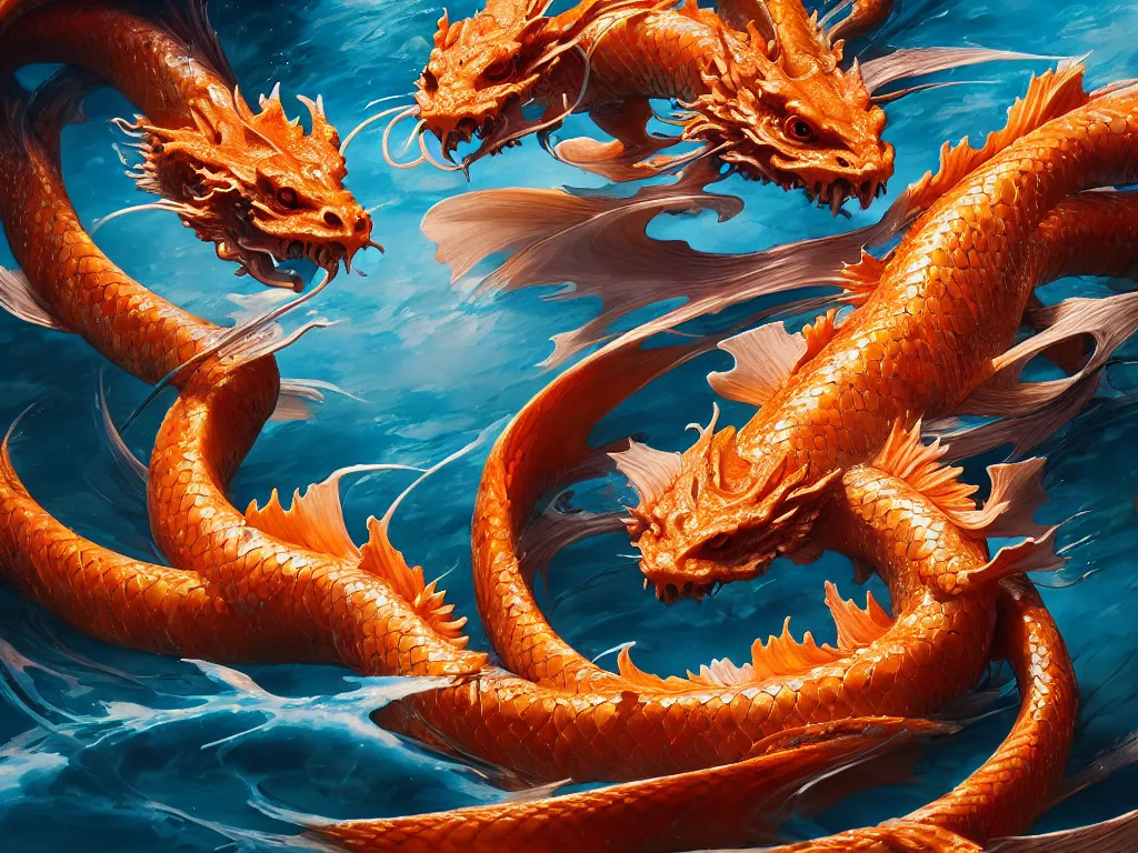 Image similar to intertwined koi dragon fish, water torrent background, jesper ejsing, james jean, justin gerard, tomasz alen kopera, cgsociety, fenghua zhong, makoto shinkai, octane render, highly detailed, rim light, cinematic lighting, hyper realism, high detail, intricate, 4 k, masterpiece