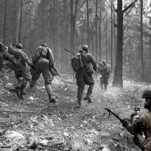 Image similar to ww 2 battlefield encounter in the woods between 2 american soldiers and a german soldier fighting for their lives, hd realistic faces, dirt and dust particles in the air, smoke and fire in the distance - c 1 3