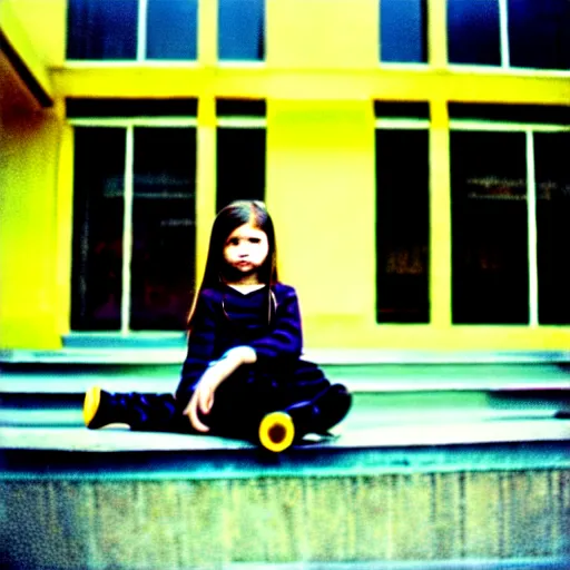 Prompt: a potrait of young girl sitting down infront of her big school, photorealistic, kodak 4 0 0, award winning photography