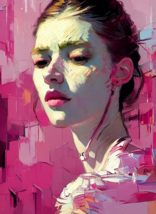 Prompt: portrait of a beautiful girl, eyes closed, shades of pink, beautiful face, rule of thirds, intricate outfit, spotlight, by greg rutkowski, by jeremy mann, by francoise nielly, by van gogh, digital painting
