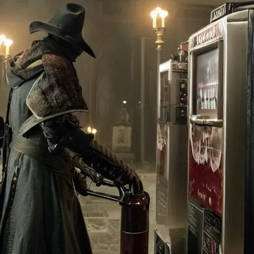 Prompt: A still image from the new Netflix live action adaptation 'Bloodborne' featuring a spooky soda machine