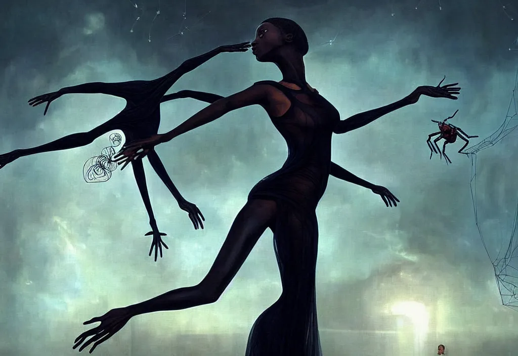 Image similar to realistic detailed portrait movie shot of a single beautiful black woman in a transparent sheer fabric dress dancing with a giant spider, futuristic sci fi landscape background by denis villeneuve, monia merlo, yves tanguy, ernst haeckel, alphonse mucha, max ernst, caravaggio, roger dean, sci fi necklace, masterpiece, dreamy, rich moody colours