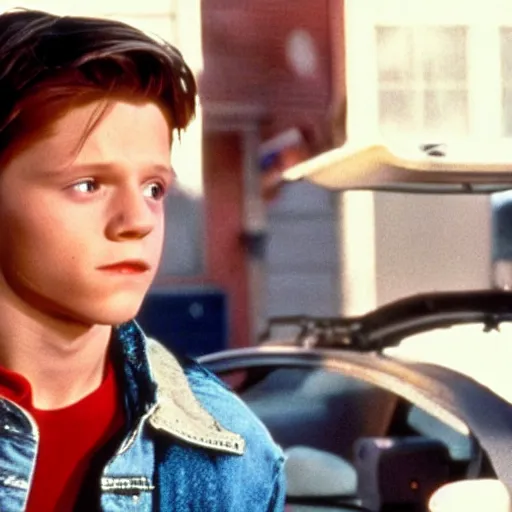 Image similar to Still of Tom Holland as Marty mcfly in back to The Future 1985 movie