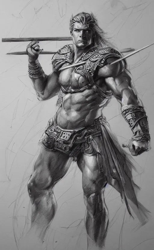 Prompt: highly detailed painting of achilles holding a spear, a pencil sketch by jesper ejsing, trending on artstation, high fantasy, loose pencil sketch, sketchy, concept art, cinematic, white space