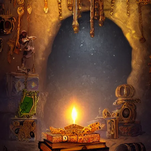 Prompt: epic Photo of an ancient dark byzantine cave interior, ornate oil lamp on a pile of crystals, books covered in jewels, ornate, surrounded by strange crystals and treasure, full of sand and glitter, hyper real, Indiana Jones, Tomb Raider, trending on artstation, concept art, cinematic, jewels, 35mm lens