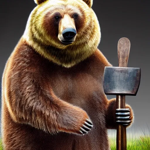 Prompt: a bear holding a viking axe,by cameroon hammond