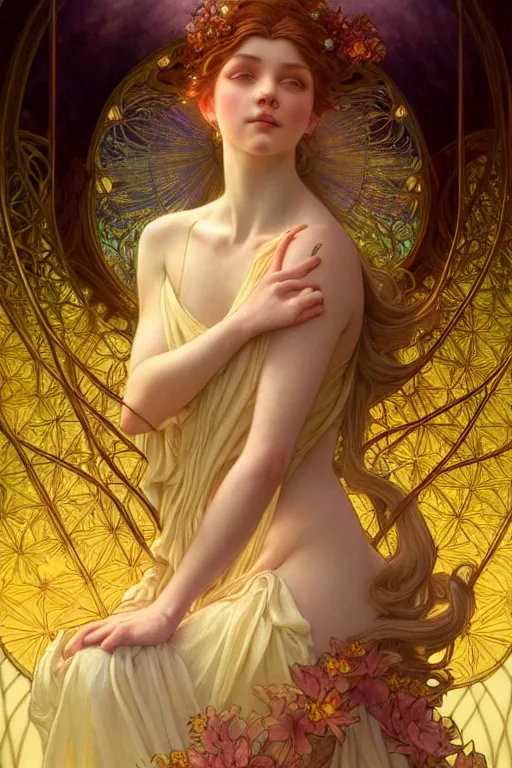 Prompt: portrait of a transcendental young fairy princess, d & d, fantasy, intricate, elegant, highly detailed, digital painting, artstation, concept art, smooth, sharp focus, illustration, art by artgerm and greg rutkowski, maxfield parrish and alphonse mucha, new art nouveau, tarot card