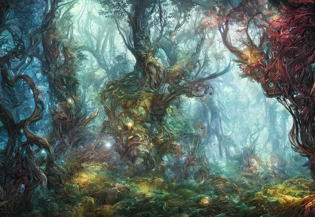 Image similar to mythical fantasy forest, artwork by android jones and loish, smooth lighting, wallpaper