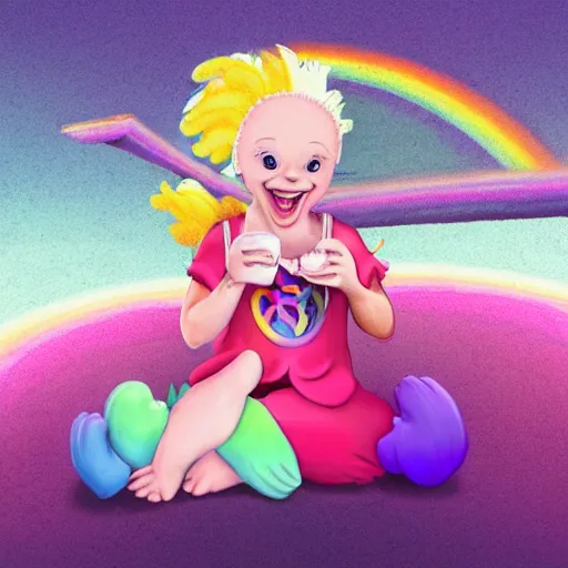 Prompt: adorable little albino girl with blonde dreads eating ice cream, smiling, sitting on top of a rainbow, high quality, fantasy, stars, rainbow, care bear land with my little pony vibes, concept art