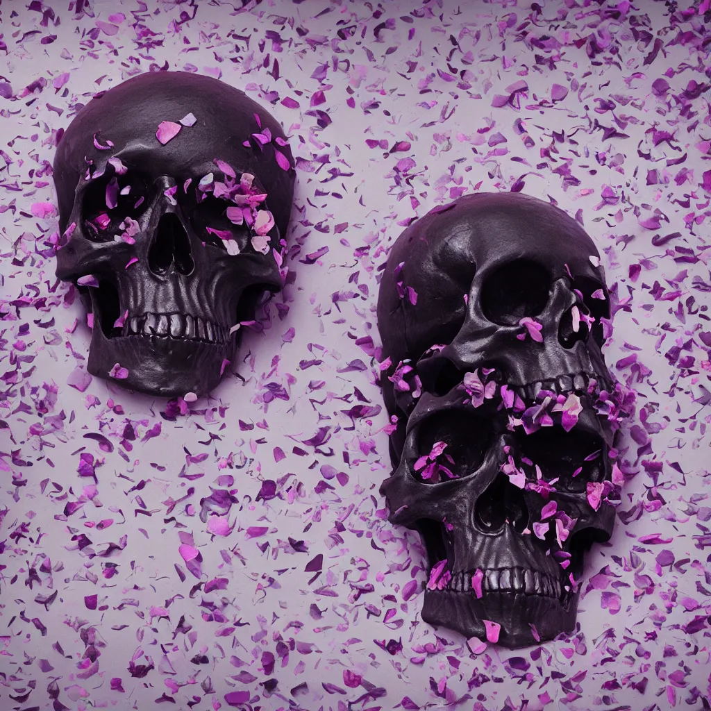 Image similar to obsidian skull surrounded by flower petals, octane render, trending on artstation