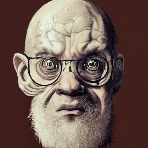 Image similar to eerie portrait of creepy pale old man with fish like facial features, painted, trending on art station, love craftian, dark lighting