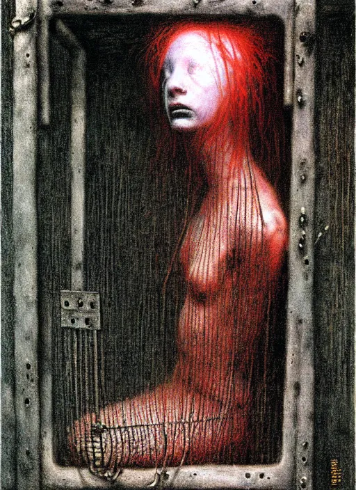 Image similar to pale girl in rags inside cage by Beksinski