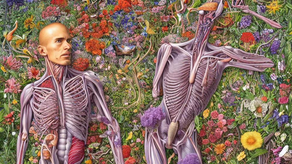 Prompt: highly detailed illustration of a human anatomy body surrounded by all the known species of flowers by juan gatti, by michael reedy!!, by moebius, by oliver vernon, by joseph moncada, by damon soule, by manabu ikeda, by kyle hotz, by dan mumford, by kilian eng