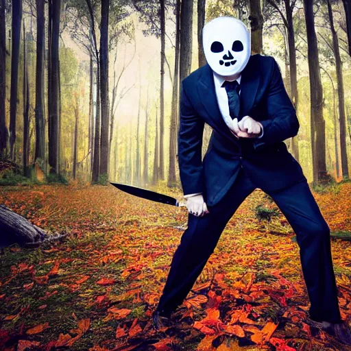 Image similar to man in strict suit with pumpkin mask, Halloween pumpkin, forest background, on plain, bloody knife in right hand, some blood on body, full body, extremely detailed, sharp focus, professional photographer, professional model