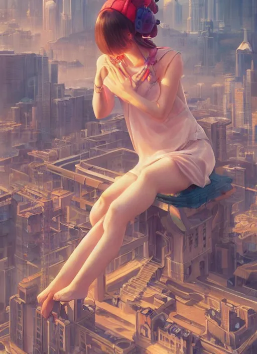 Prompt: breathtaking detailed painting of a giant woman sitting on a miniature city, Atari game cover art by Hsiao-Ron Cheng, James jean, Miho Hirano, Hayao Miyazaki, extremely moody lighting, hyperrealistic, octane render, RPG portrait, ambient light, dynamic lighting