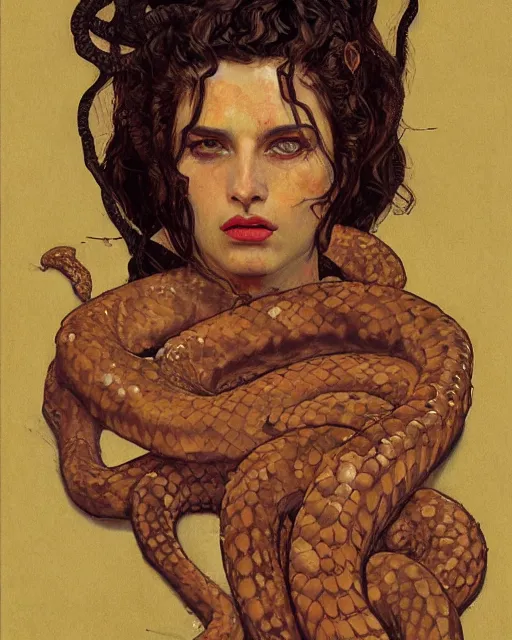 Image similar to portrait of a powerful medusa with many pythons by greg rutkowski in the style of egon schiele