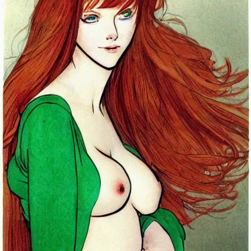 Image similar to a beautiful redhead girl, green eyes, milo manara style