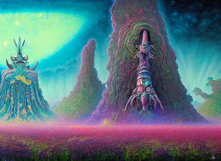 Image similar to a beautiful painting of a large alien shrine shrouded by mystic nebula magic in a field of flowers by moebius and android jones, oil on canvas sharp, details, hyper - detailed, hd, hdr, 4 k, 8 k