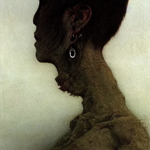 Image similar to beautiful palewhite maneater girl with black short short hairs by beksinski