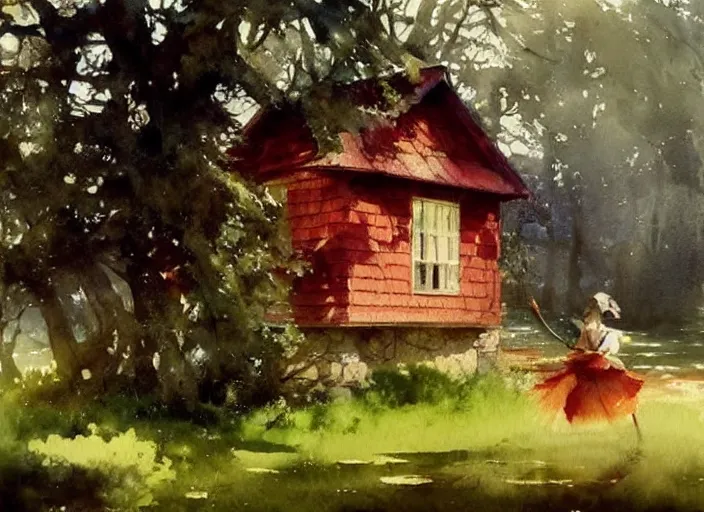 Prompt: watercolor splash, paint drops, drips, aquarelle painting of oak tree and red cabin, very very very beautiful, art by anders zorn, wonderful masterpiece by greg rutkowski, cinematic light, american romanticism by greg manchess, creation by tyler edlin
