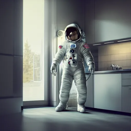 Prompt: a beautiful photo of an astronaut waiting in the kitchen, soft light, morning light, photorealistic, realistic, octane, 8k, cinematic shot